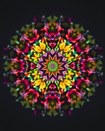 This image showcases a captivating long exposure photograph of a geometric floral mandala, blending vibrant colors with unset