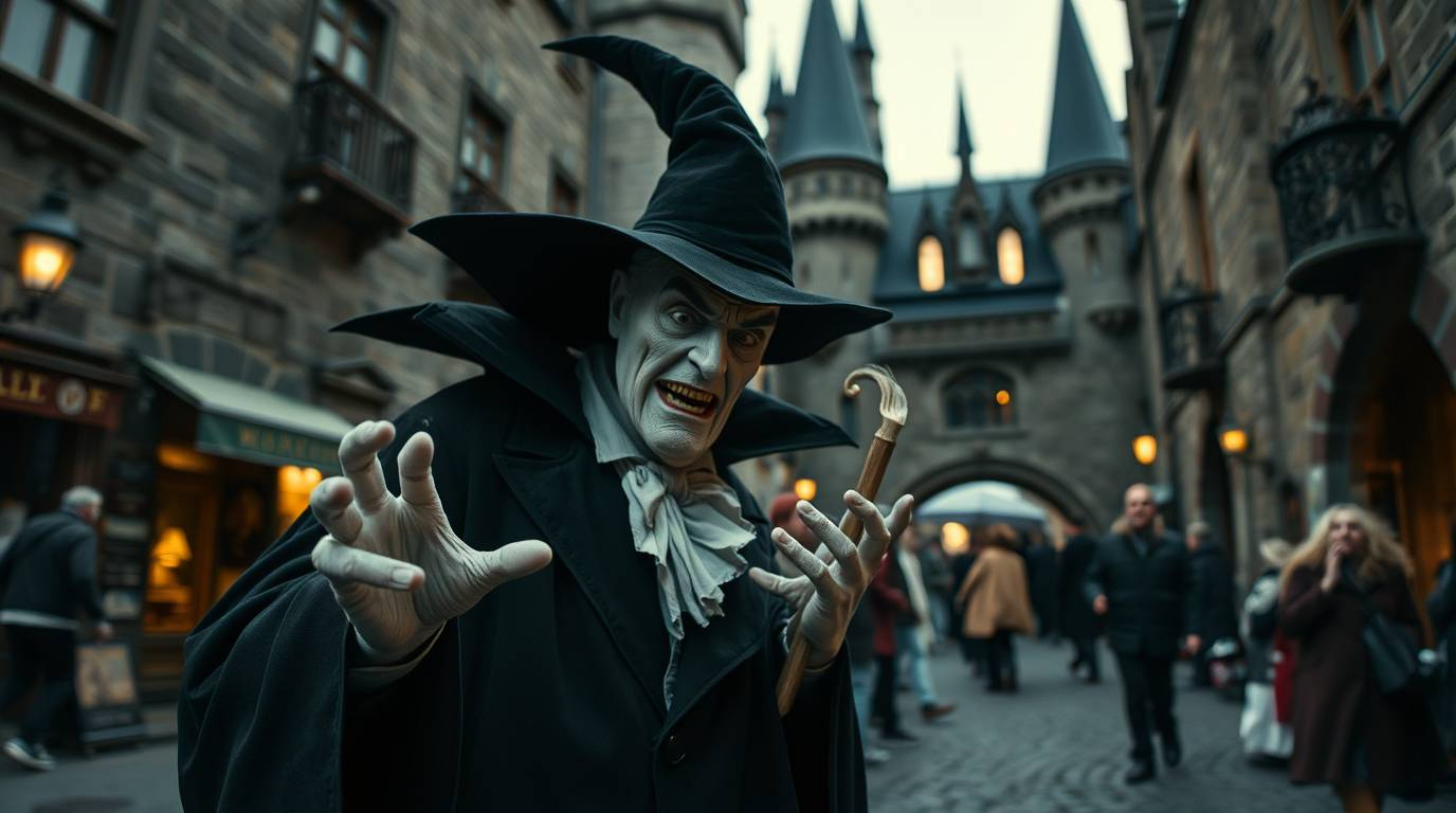 A striking street photography image captures a classic Disney villain subtly casting a spell within the aged walls of an urba