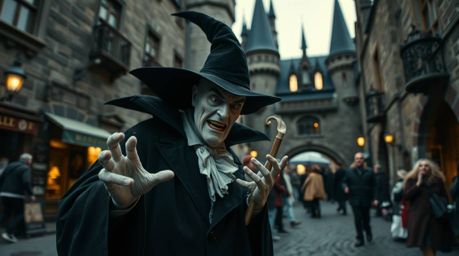 A striking street photography image captures a classic Disney villain subtly casting a spell within the aged walls of an urba