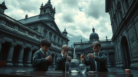 An intense and dramatic architectural photograph captures a scene of quirky children in school uniforms engrossed in science 