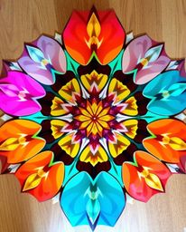 A captivating high-angle perspective showcases a geometric floral mandala bursting with vibrant colors and a perfectly symmet