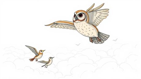 A heartwarming depiction of a blind owl in a hand-drawn Pixar style sketch, soaring above a field of white clouds, while pass