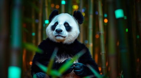 Experience the serenity of a martial artist panda deeply meditating within a lush bamboo forest. This tight close-up shot cap