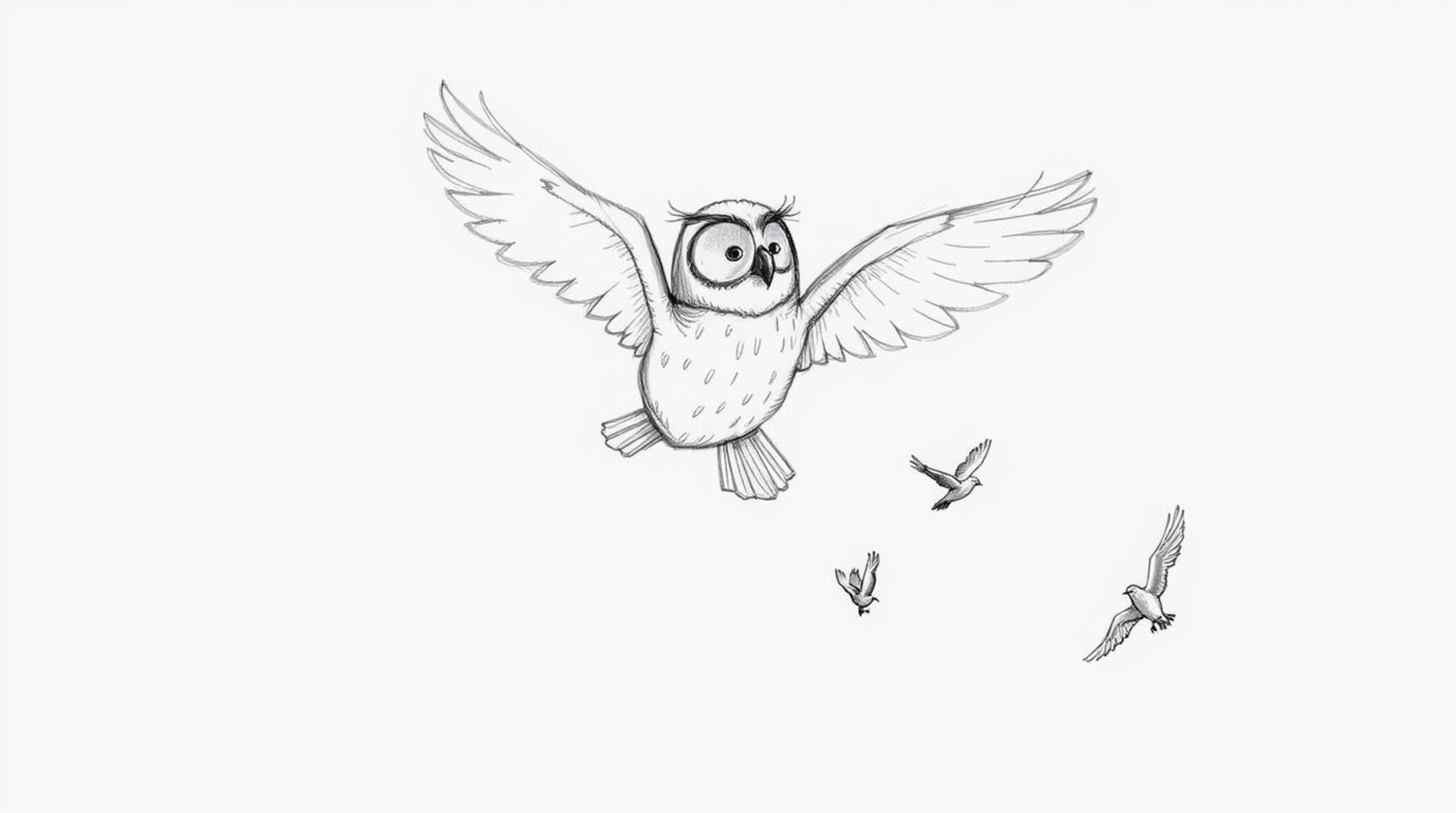 A heartwarming hand-drawn sketch in the style of Pixar depicts a blind owl courageously teaching birds how to fly. Guided by 