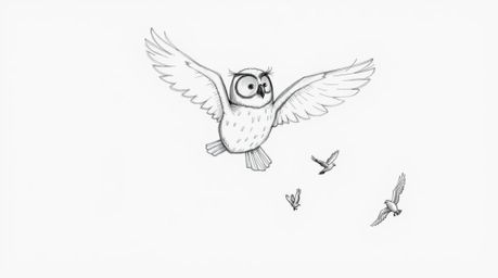 A heartwarming hand-drawn sketch in the style of Pixar depicts a blind owl courageously teaching birds how to fly. Guided by 