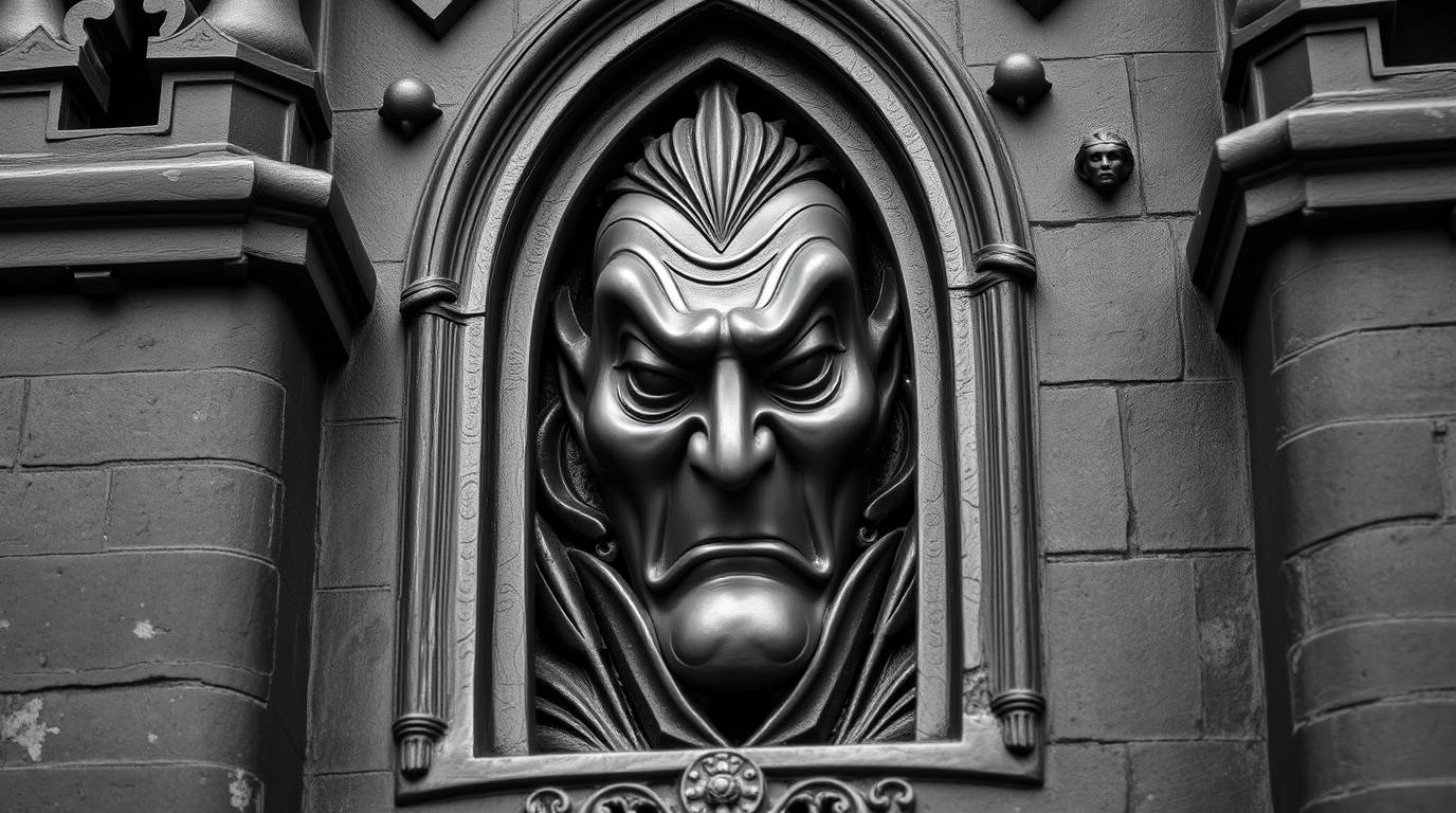 A captivating black and white photograph depicts a classic Disney villain, rendered in bronze with an antique patina, within 