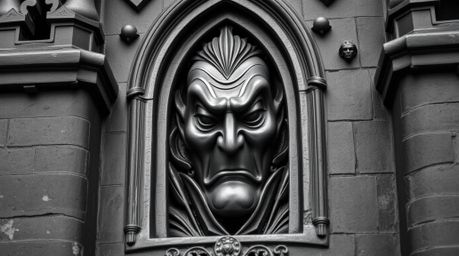 A captivating black and white photograph depicts a classic Disney villain, rendered in bronze with an antique patina, within