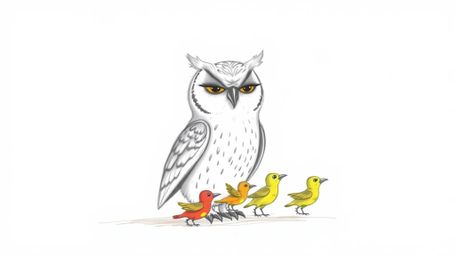 This artwork depicts a heartwarming scene: a blind owl, rendered in a charming, hand-drawn Pixar style, calmly instructing a 