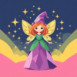 Discover a captivating image of a charming fairy godmother emerging from a swirl of geometric sparkles. This balanced design