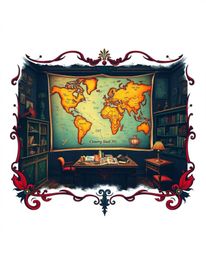 Explore the allure of a dramatic cinematic style tattoo art print featuring a glowing map projected in an old study. This des
