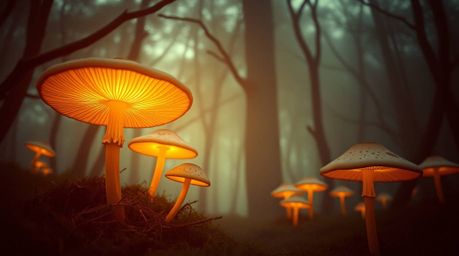 Immerse yourself in a cinematic-style vision of a vintage enchanted forest, brought to life with glowing mushrooms and a capt