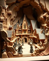 Discover a captivating papier-mâché sculpture depicting a magical school brimming with young wizards.  High-contrast low-key 