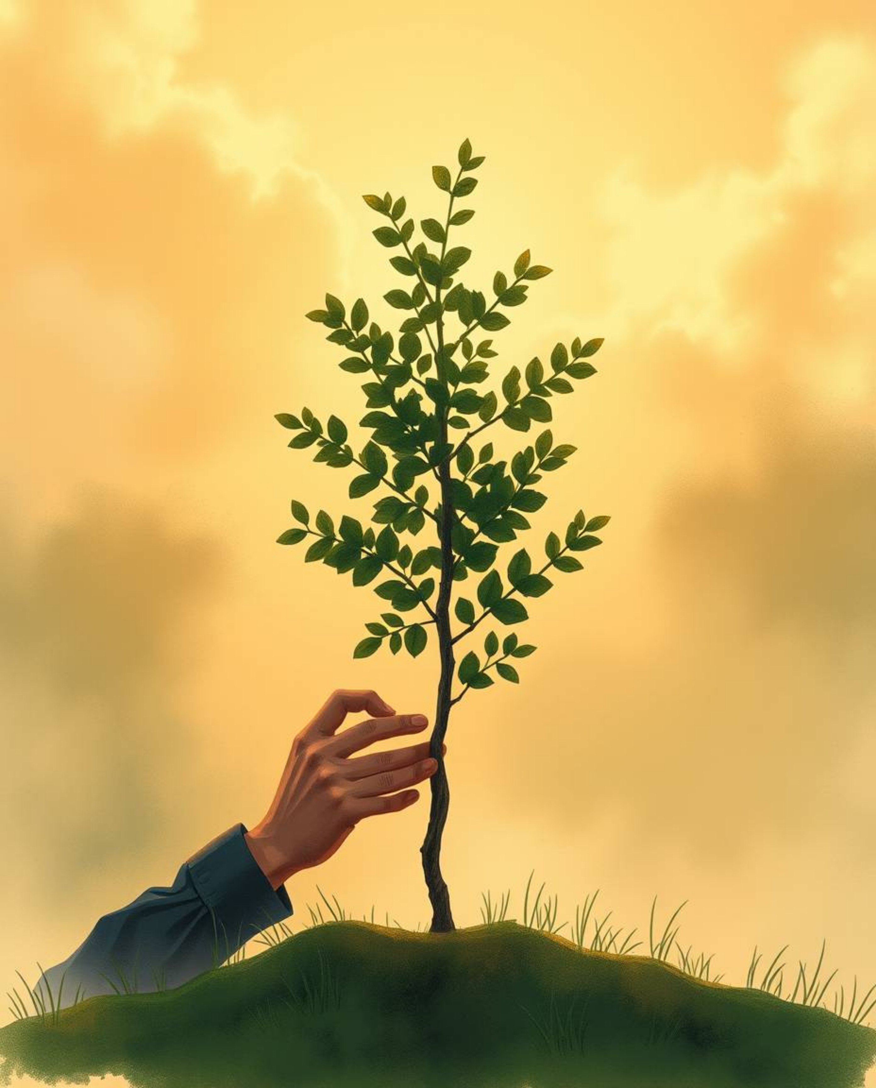 A captivating hand-drawn sketchnote depicts hands planting a tree under a breathtaking golden sky, enveloped in a soft cinema
