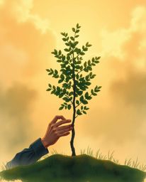 A captivating hand-drawn sketchnote depicts hands planting a tree under a breathtaking golden sky, enveloped in a soft cinema