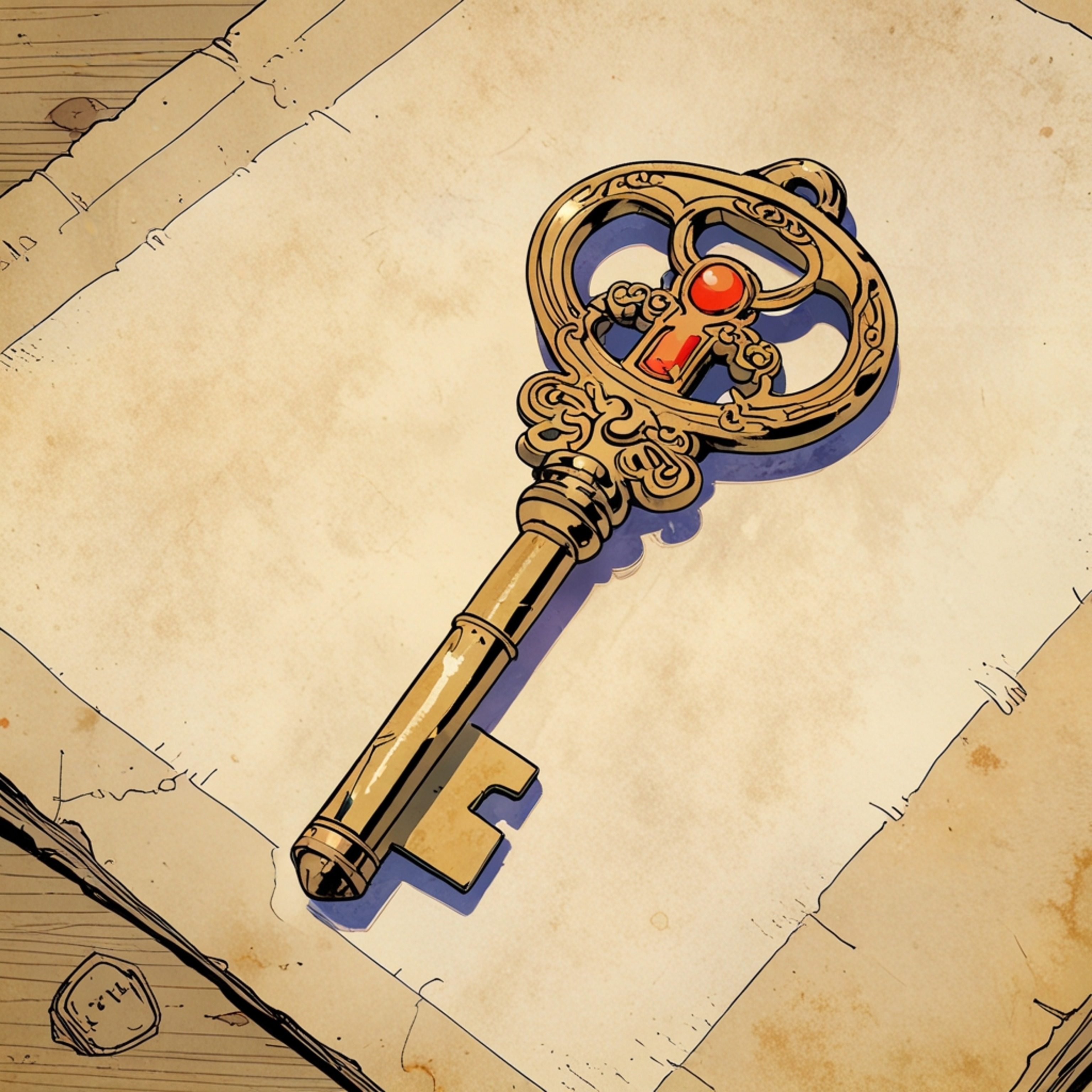 A detailed close-up captures an ornate brass key resting gently on a piece of aged parchment paper. This image evokes a sense