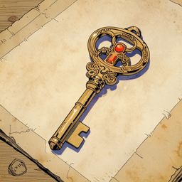 A detailed close-up captures an ornate brass key resting gently on a piece of aged parchment paper. This image evokes a sense