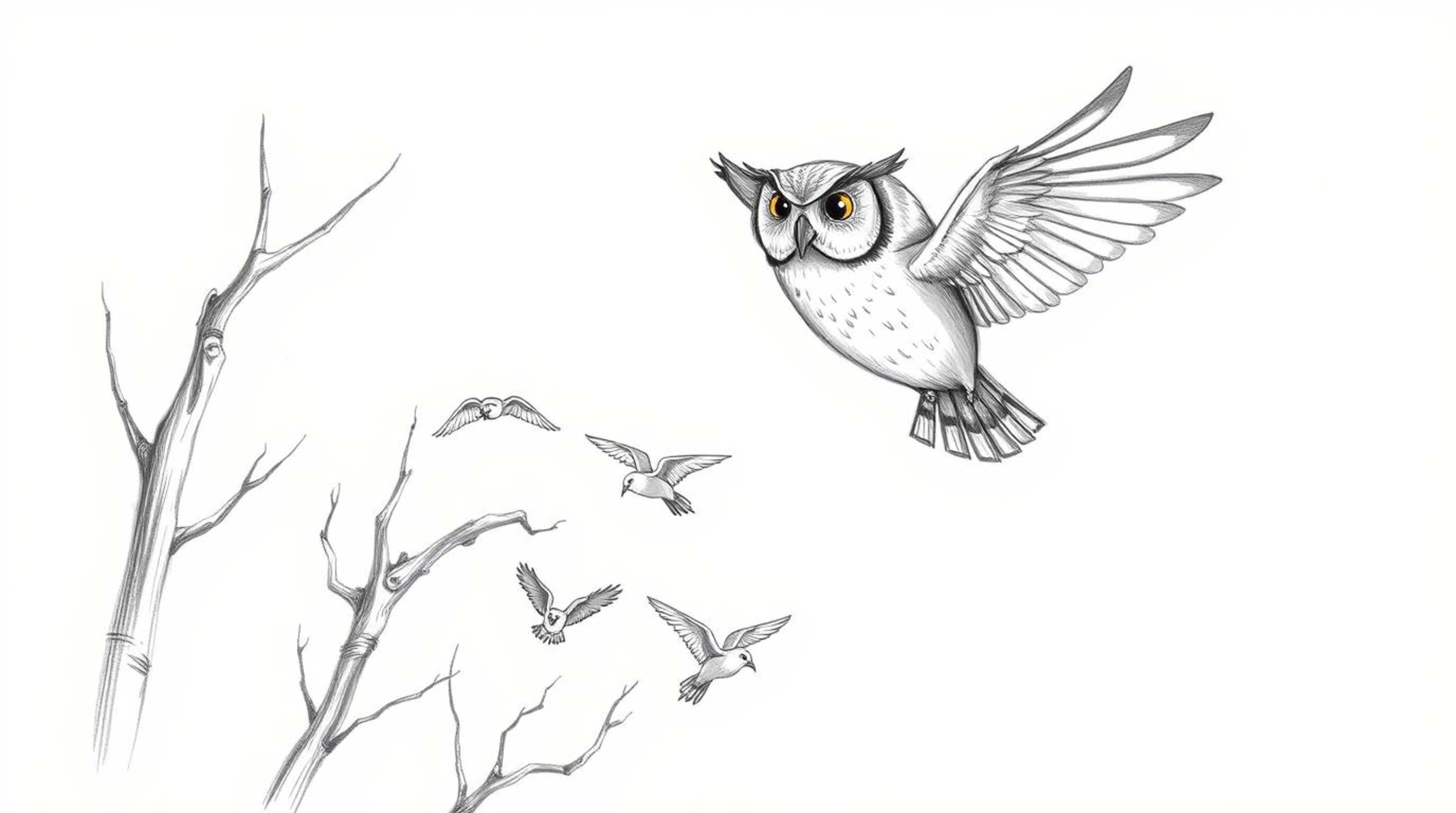 A charming hand-drawn sketch depicts a wise-looking blind owl, reminiscent of Pixar animation, gracefully gliding through tre