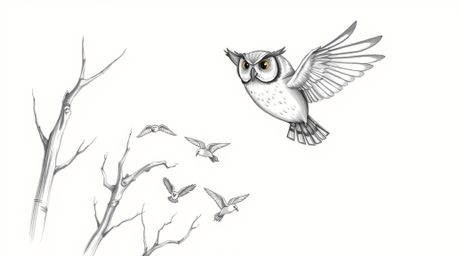 A charming hand-drawn sketch depicts a wise-looking blind owl, reminiscent of Pixar animation, gracefully gliding through tre