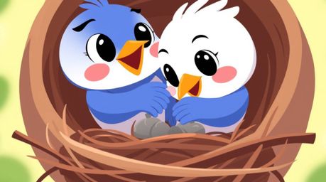 An extreme close-up macro shot showcases two cartoon birds meticulously constructing a nest. Rendered in a classic animation