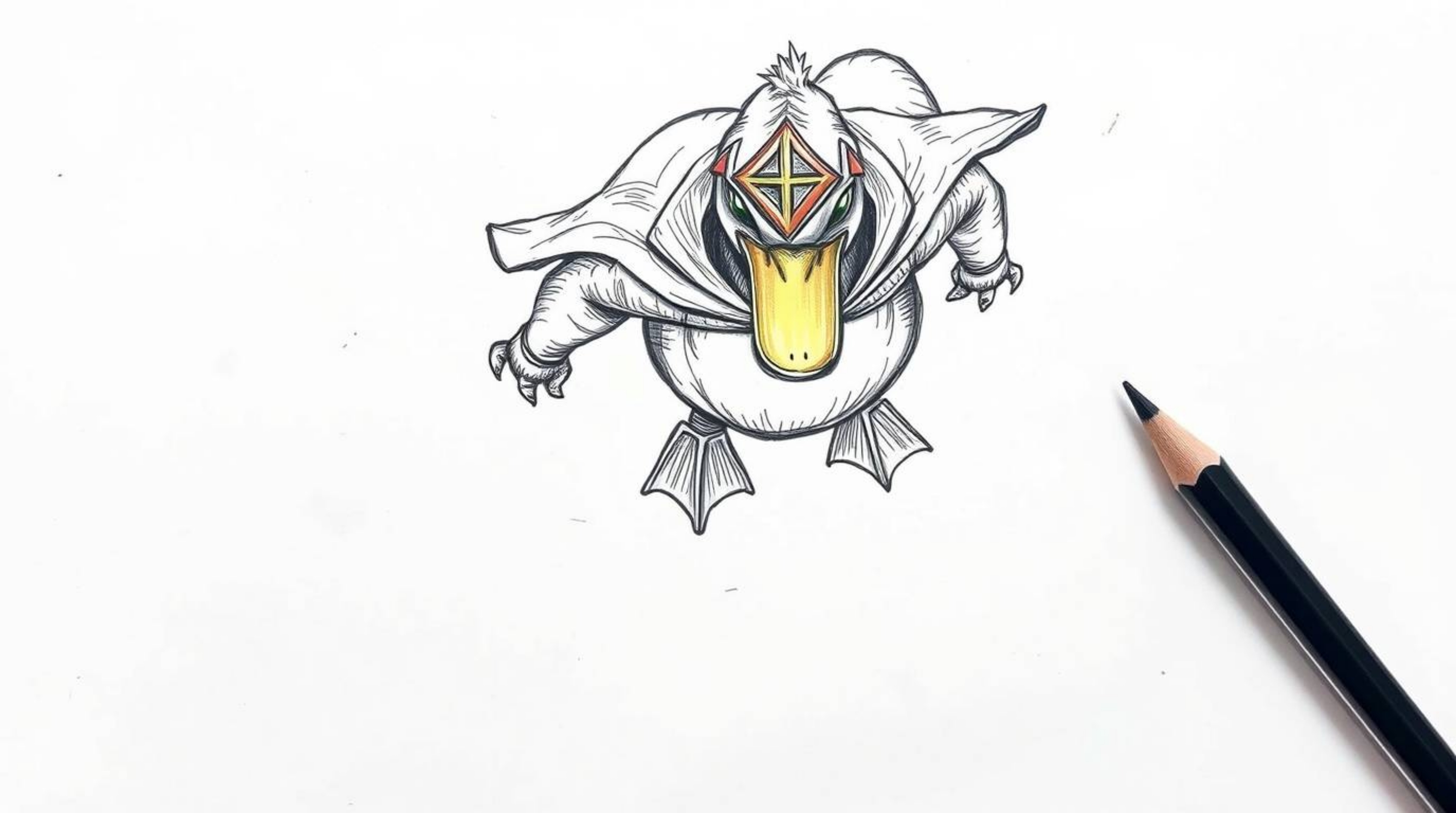 A hand-drawn sketch depicts a duck in a zany superhero costume looking down from a high-angle perspective. The image features