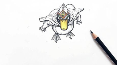 A hand-drawn sketch depicts a duck in a zany superhero costume looking down from a high-angle perspective. The image features