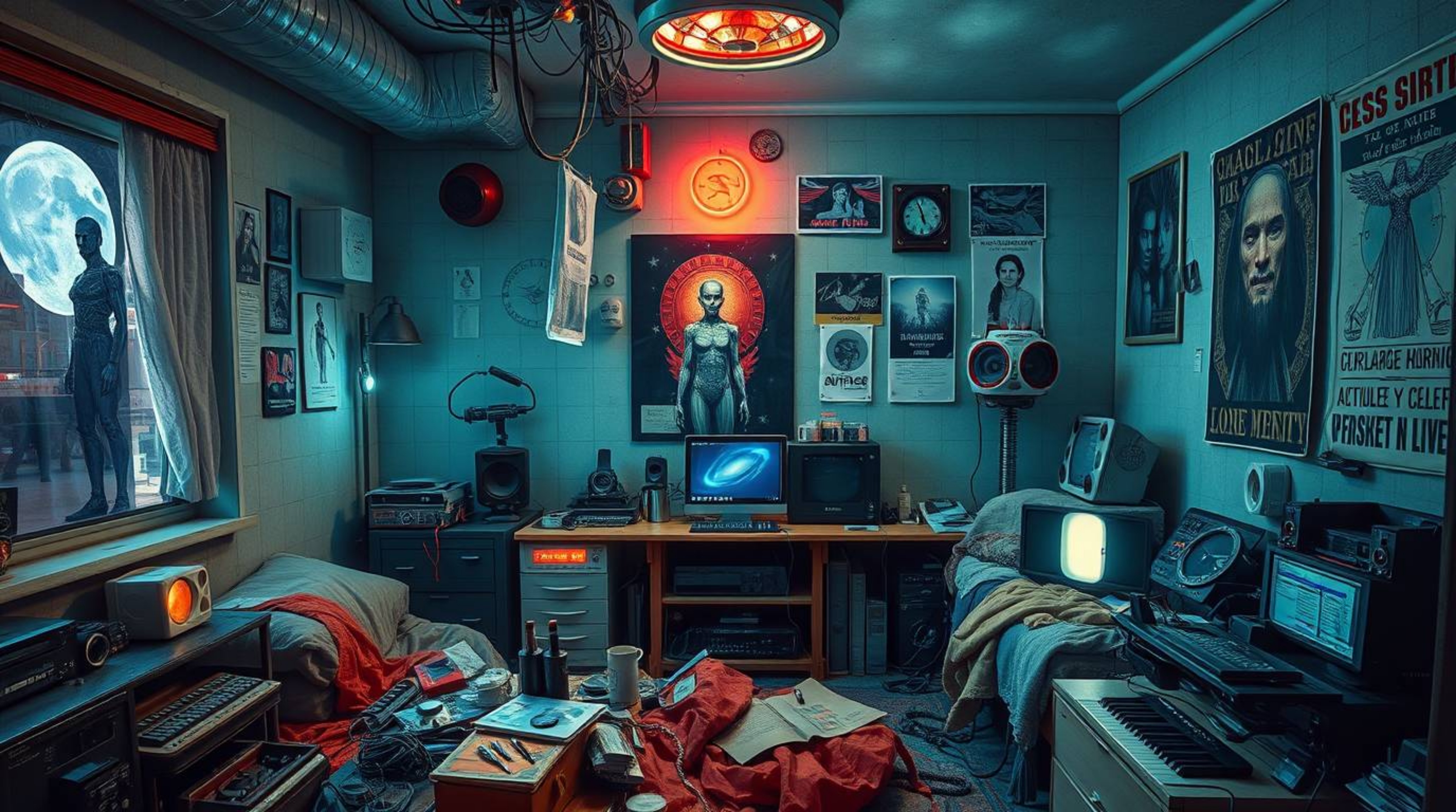 Explore a chaotic yet captivating bedroom scene blending futuristic sci-fi aesthetics with an ethereal spiritual vibe. This v