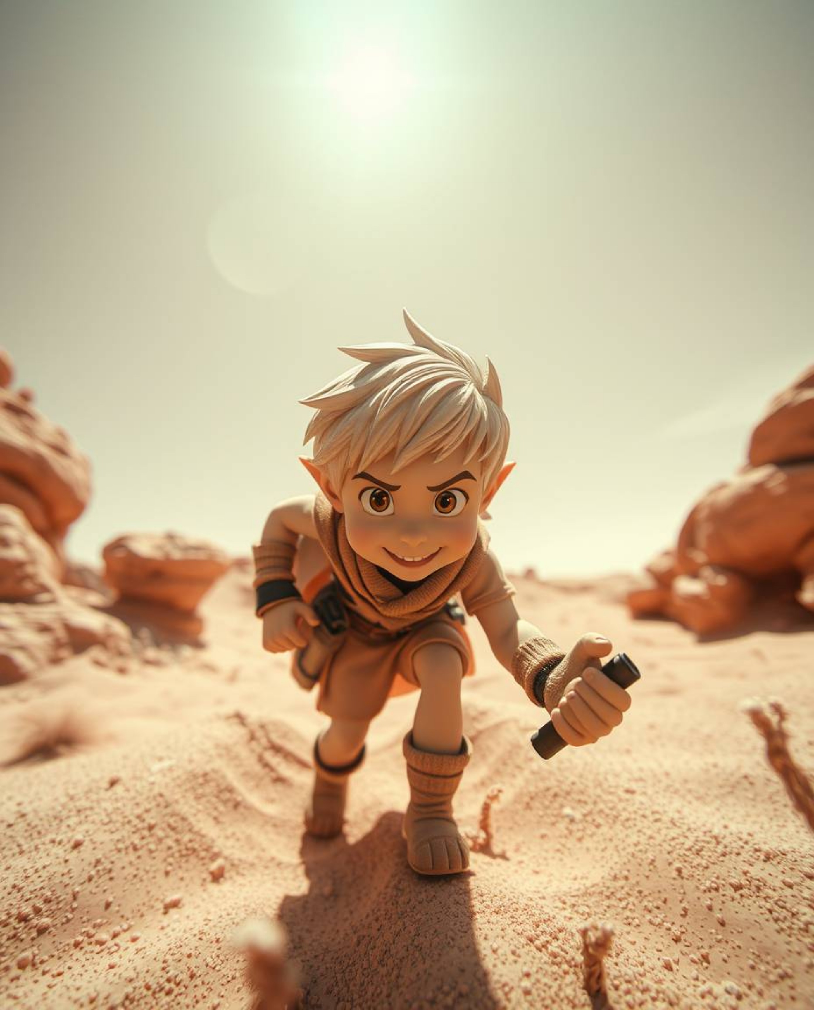 Explore a captivating desert adventure featuring a brave, Disney-style hero brought to life in an extreme macro close-up. Thi