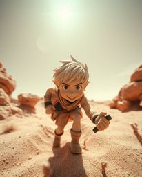 Explore a captivating desert adventure featuring a brave, Disney-style hero brought to life in an extreme macro close-up. Thi
