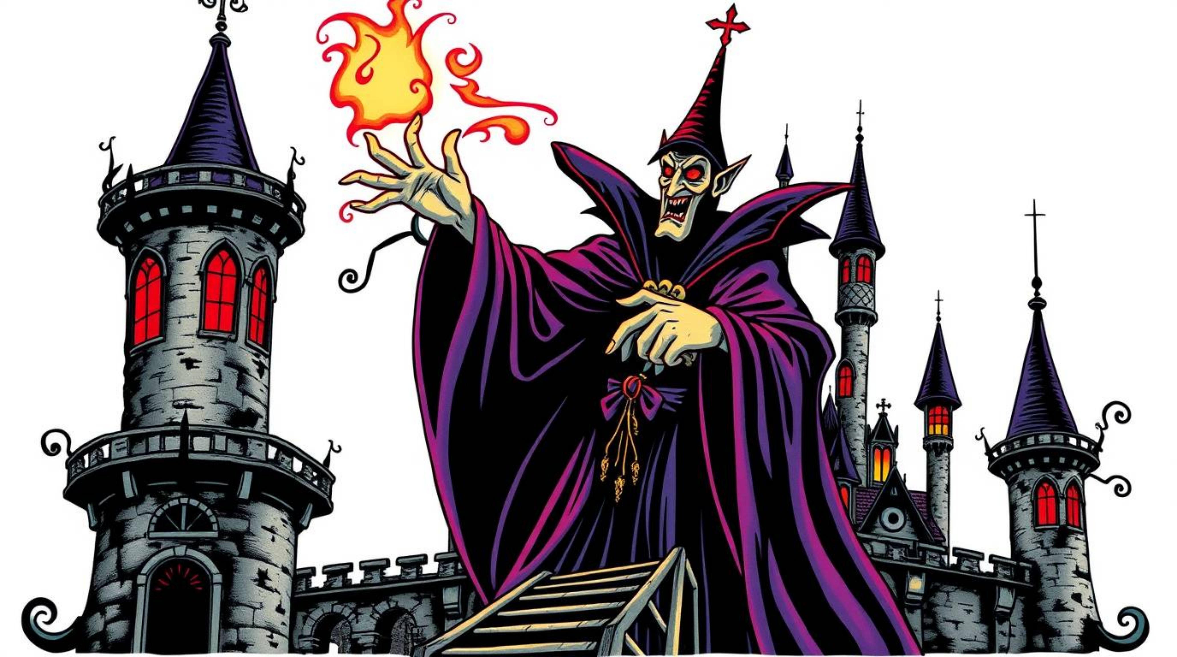 A captivating tattoo art print depicting a classic Disney villain casting a spell within a vibrant, high-contrast old castle.