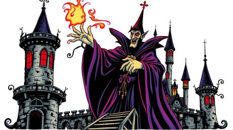 A captivating tattoo art print depicting a classic Disney villain casting a spell within a vibrant, high-contrast old castle.