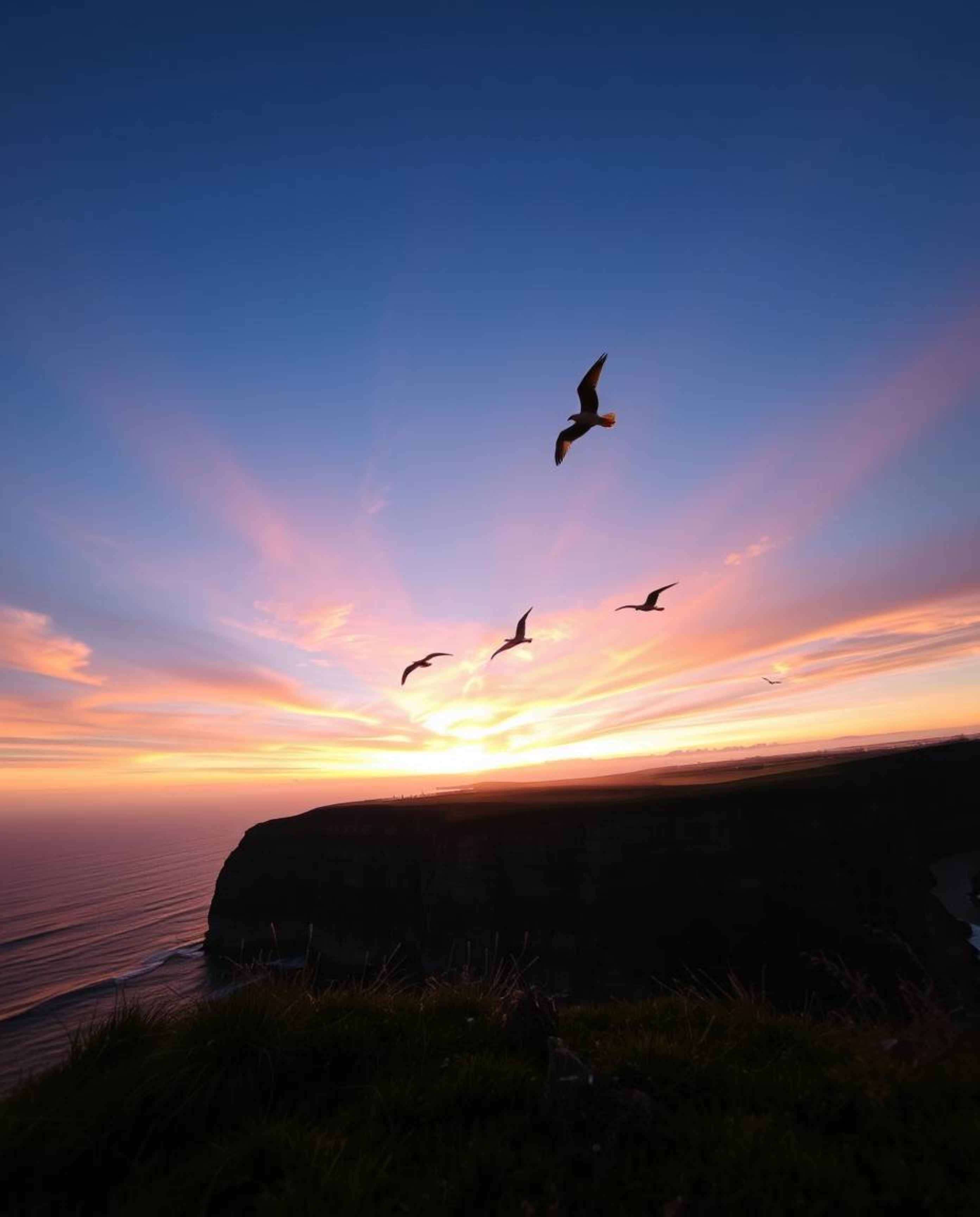 This is a low-angle perspective of a dramatic sunset over a coastal cliff, with soaring birds enhancing the scene. The viewpo