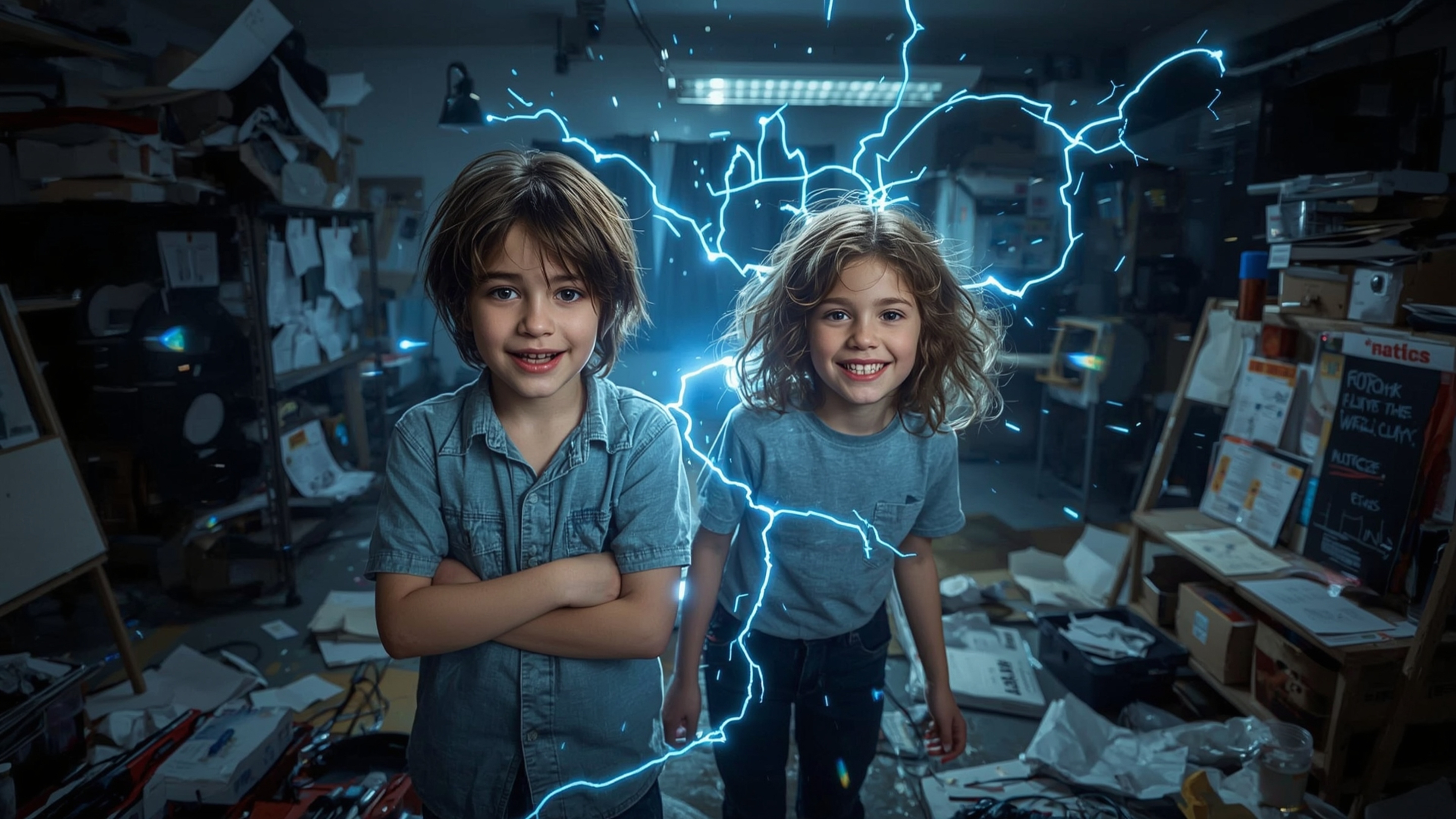 In a vibrant, cinematic photo with a stylized, Pixar-esque feel, two enthusiastic science fair students—a boy with bright blu