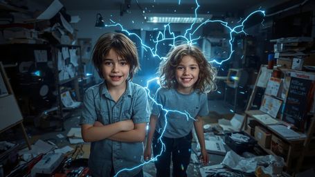In a vibrant, cinematic photo with a stylized, Pixar-esque feel, two enthusiastic science fair students—a boy with bright blu