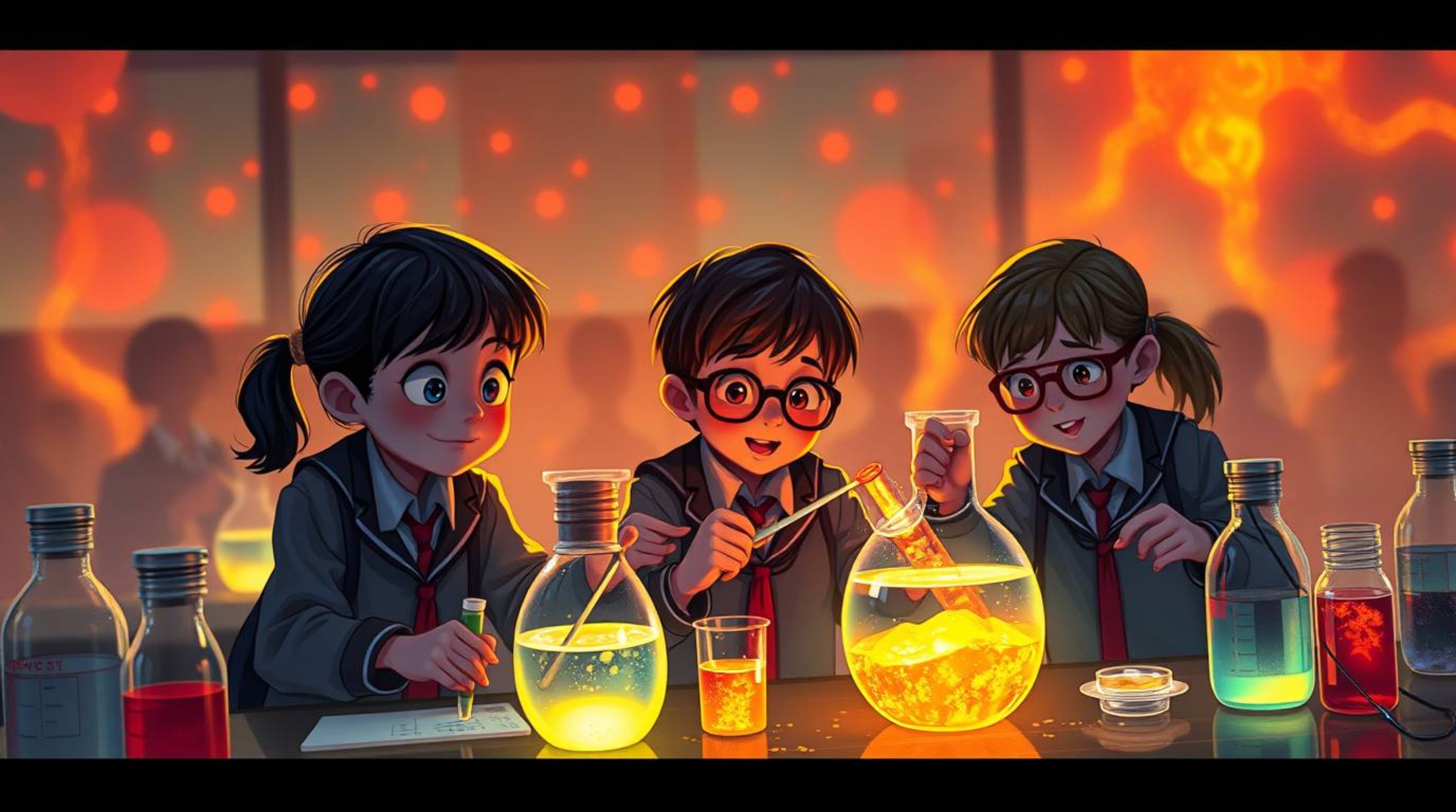A captivating digital painting depicts a group of quirky children in school uniforms, engrossed in exciting scientific experi
