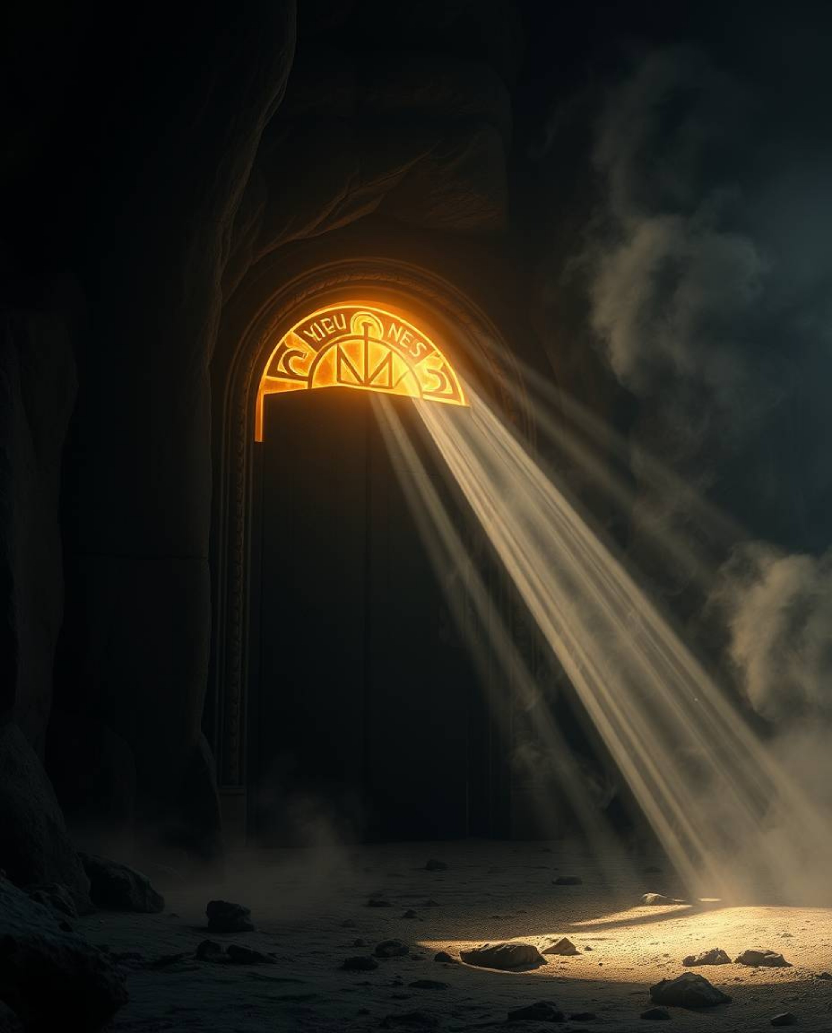 Experience the drama of an ancient doorway etched with glowing runes, embedded within a majestic mountainside. Intense jet bl