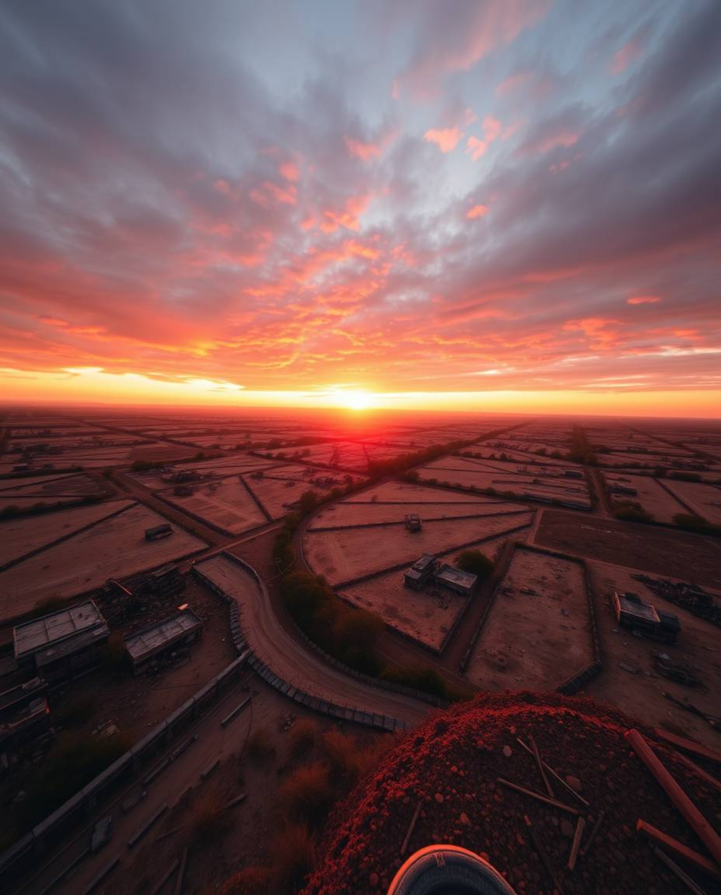 This image captures a breathtaking sunrise over a war-torn landscape from a high-angle perspective. The scene is bathed in wa