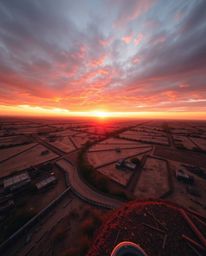 This image captures a breathtaking sunrise over a war-torn landscape from a high-angle perspective. The scene is bathed in wa