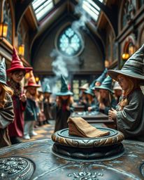 A captivating close-up reveals a detailed bronze sculpture depicting a magical school brimming with young wizards. The antiq