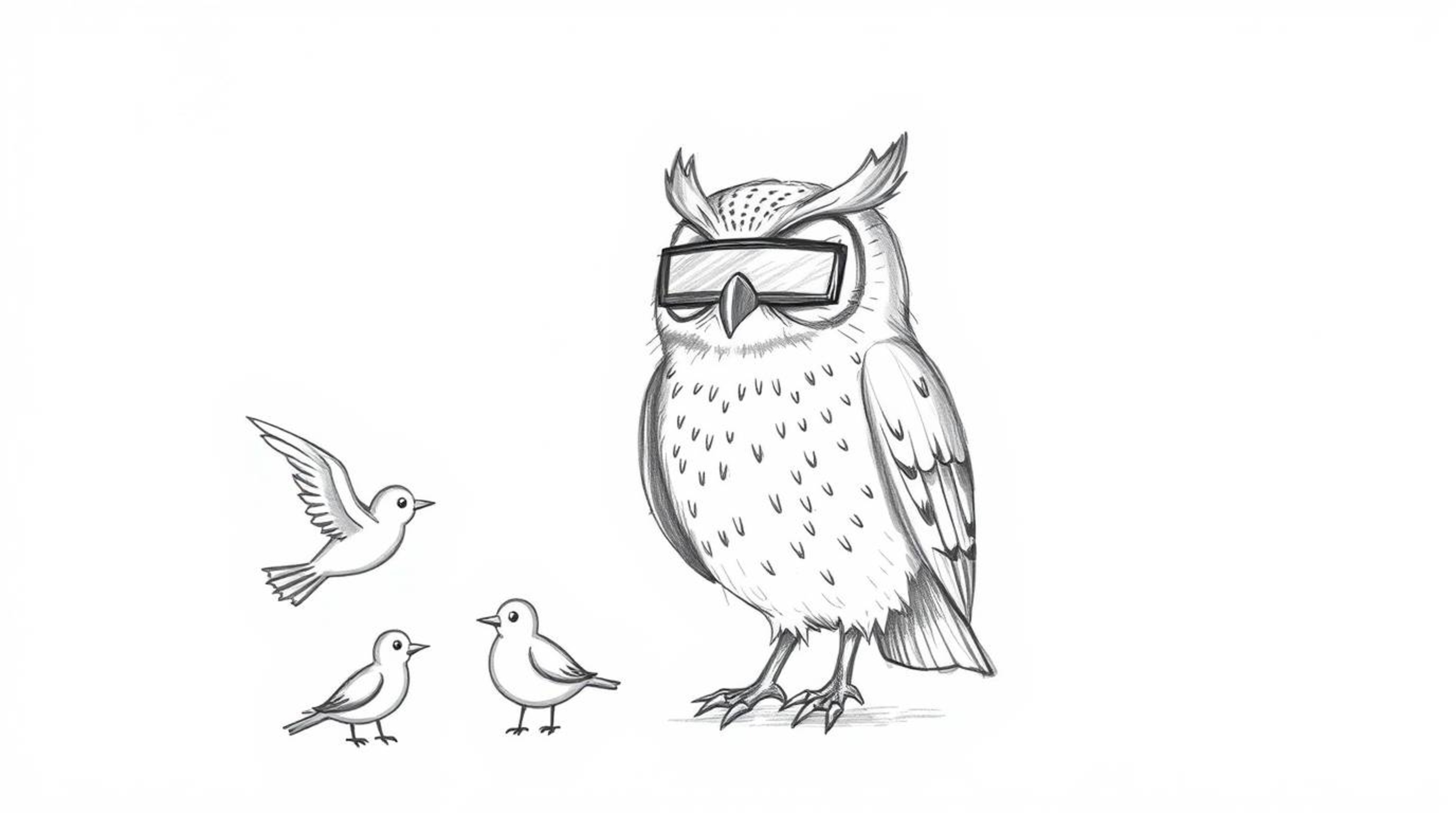 A heartwarming hand-drawn sketch depicts a blind owl, reminiscent of Pixar animation, imparting flight lessons to a flock of 