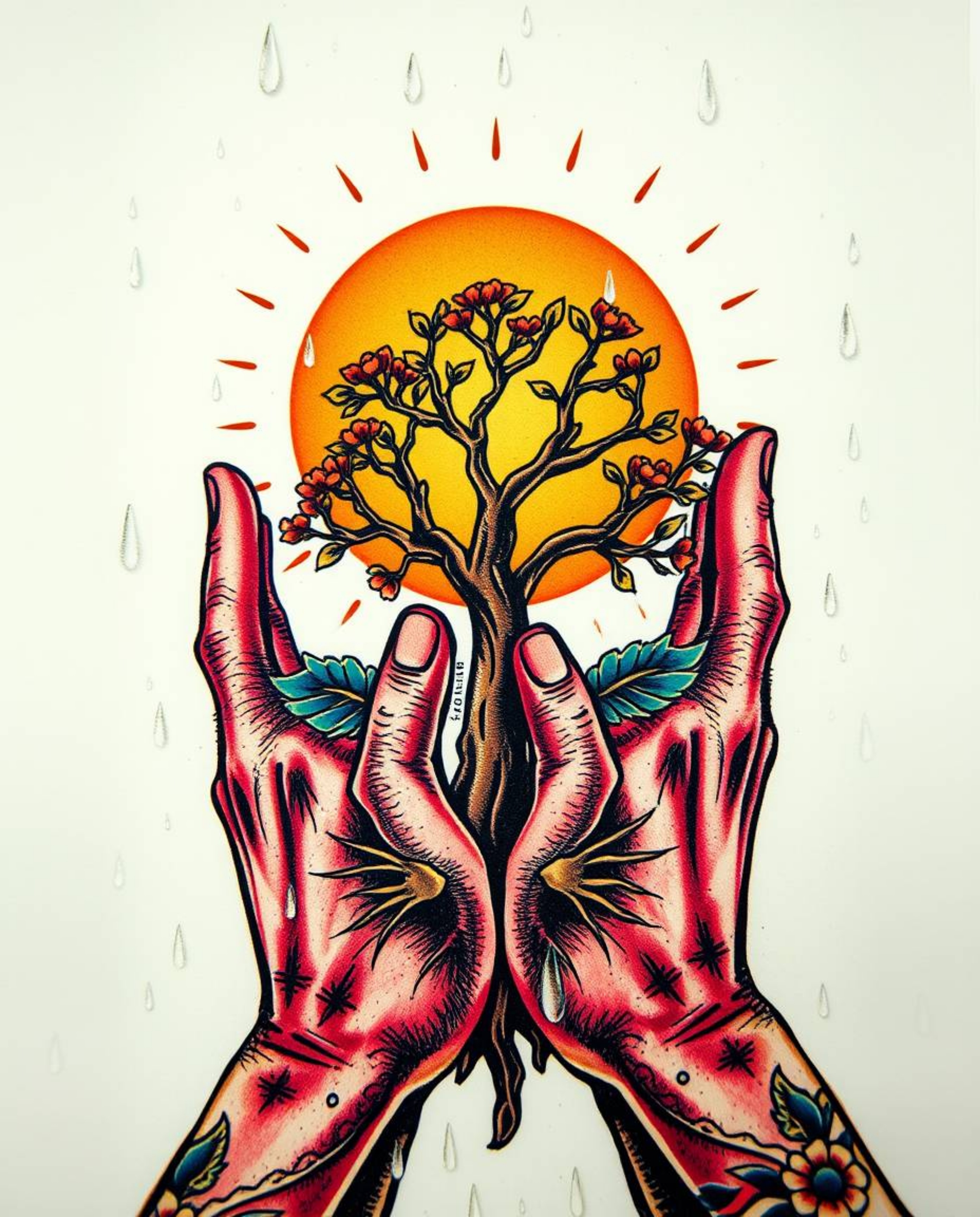 Explore extreme macro close-up tattoo art prints featuring hands planting a tree under a golden sky. This vibrant, retro-styl