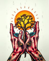 Explore extreme macro close-up tattoo art prints featuring hands planting a tree under a golden sky. This vibrant, retro-styl