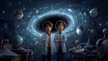 In a vibrant, high-contrast cinematic photograph reminiscent of Pixar's whimsical style, a duo of science fair students watch