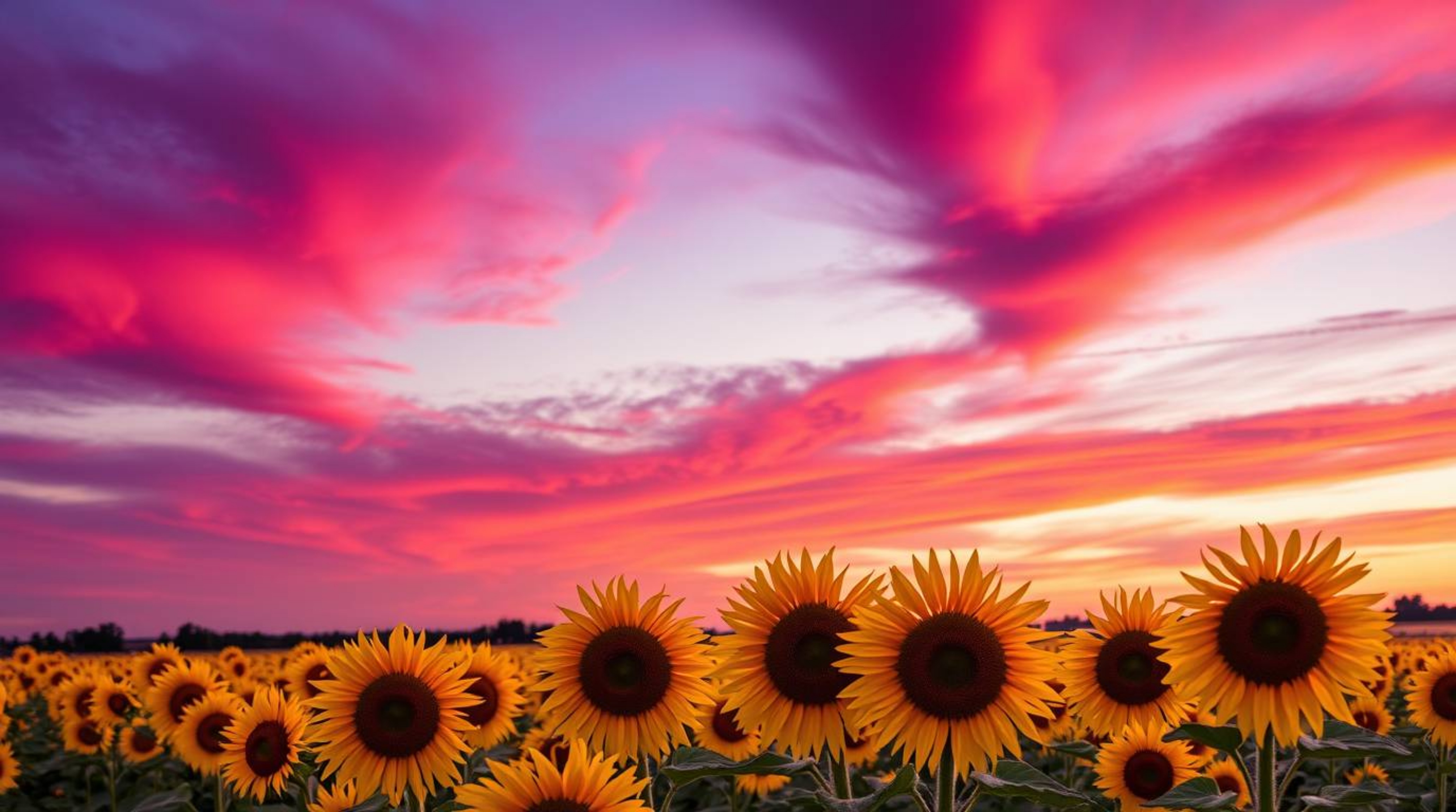 A breathtaking image of a sunflower field bathed in the warm glow of golden hour light, set against a dramatic deep red and p