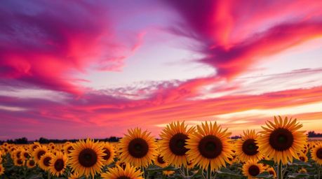 A breathtaking image of a sunflower field bathed in the warm glow of golden hour light, set against a dramatic deep red and p