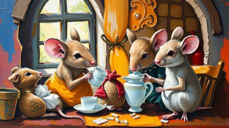 A captivating acrylic painting showcasing anthropomorphic mice enjoying a tea party within a cozy cottage setting. The artwor