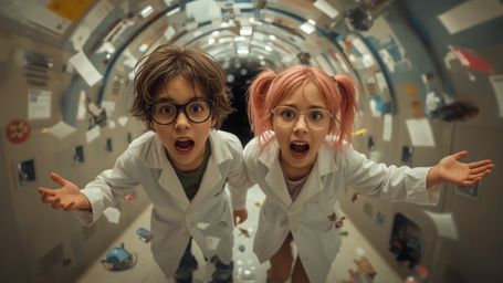 In a vibrant, cinematic photograph with a whimsical, Pixar-inspired style, a dynamic duo of young scientists—a boy with messy