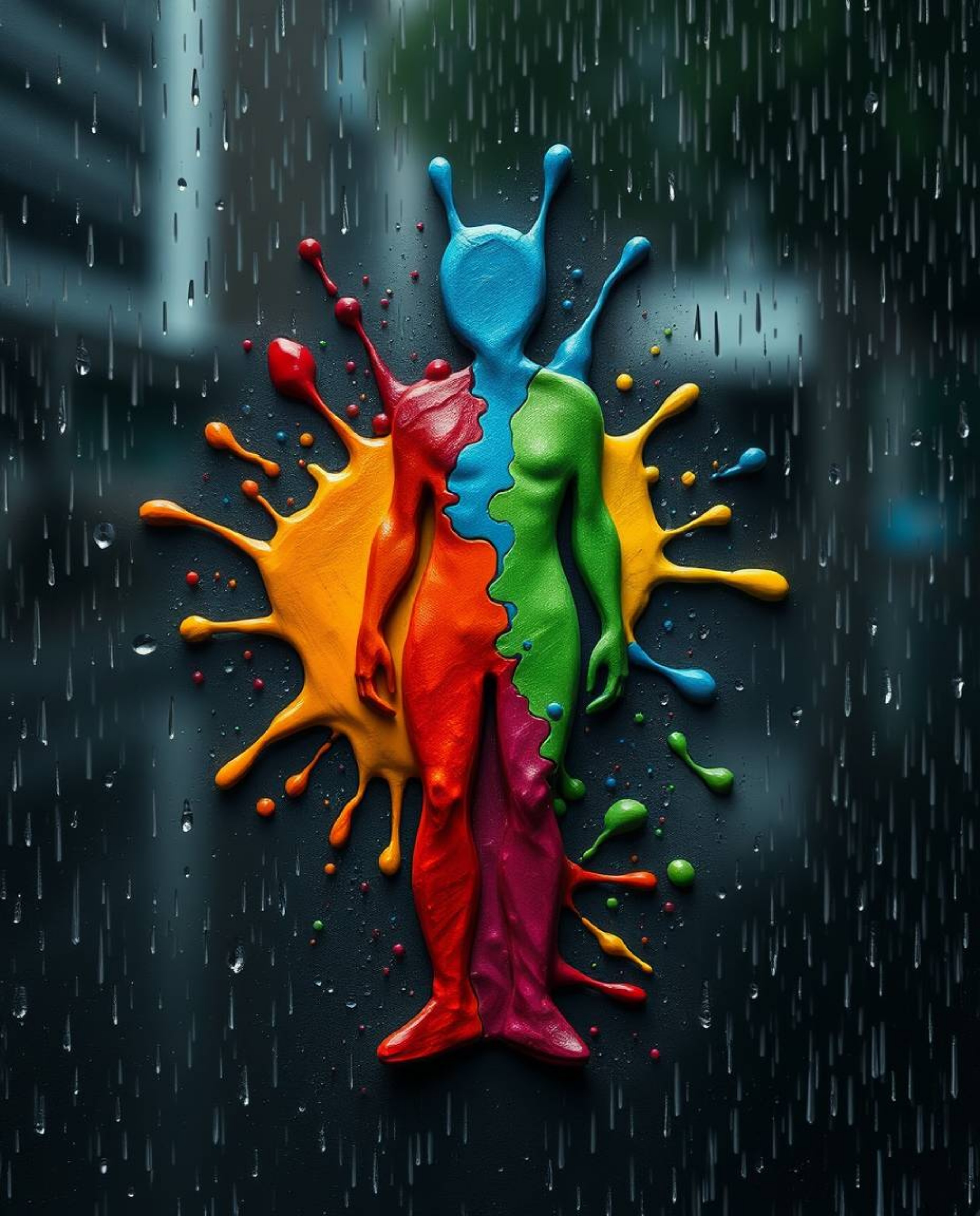 This striking artwork features a human silhouette dynamically formed from vibrant splash patterns, rendered in a unique sculp