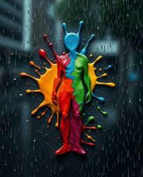 This striking artwork features a human silhouette dynamically formed from vibrant splash patterns, rendered in a unique sculp