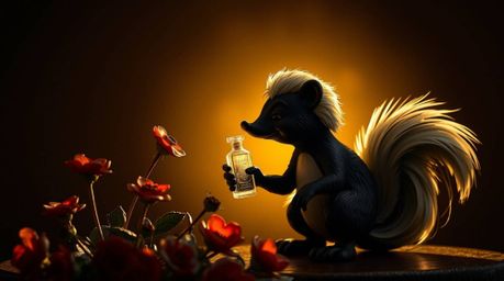 A charming cast bronze sculpture depicting a cartoon skunk delicately spraying perfume on flowers.  The artwork showcases an 