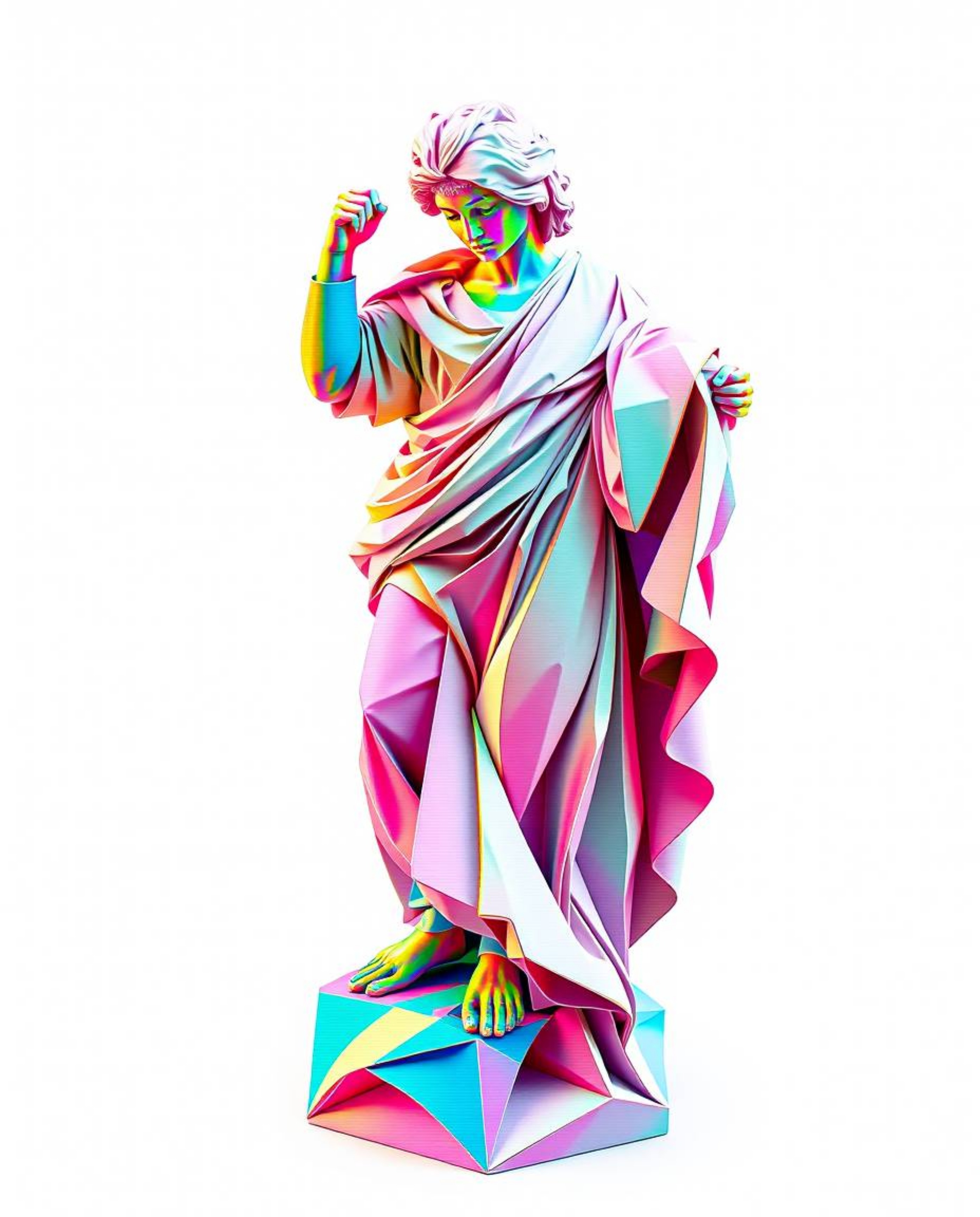A mesmerizing digital artwork combines the intricate folds of origami with a classical sculpture, disrupted by a vibrant glit